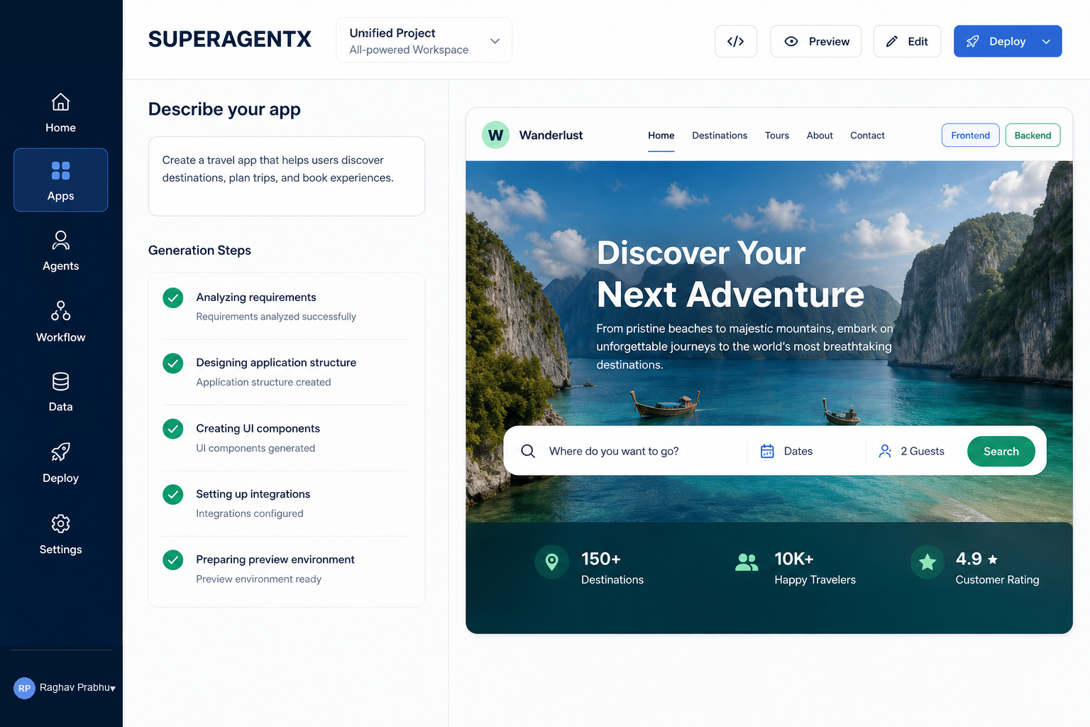 SuperAgentX App Builder workspace generating a Wanderlust travel app from a prompt